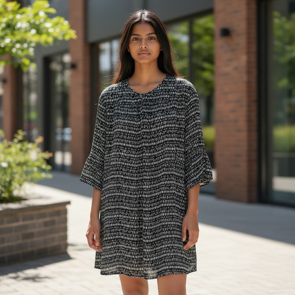 Sita Murt Dress Womens 36 Black White Geometric Shift Tunic 3/4 Sleeve Designer